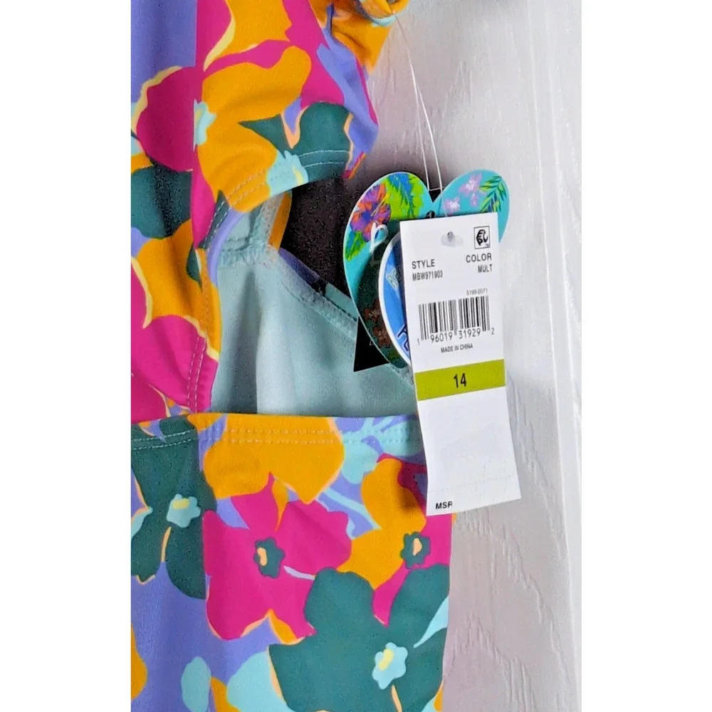 Breaking Waves Girls Sz 14 One Piece Swimsuit Floral Cutout UPF 50+ Monokini NWT